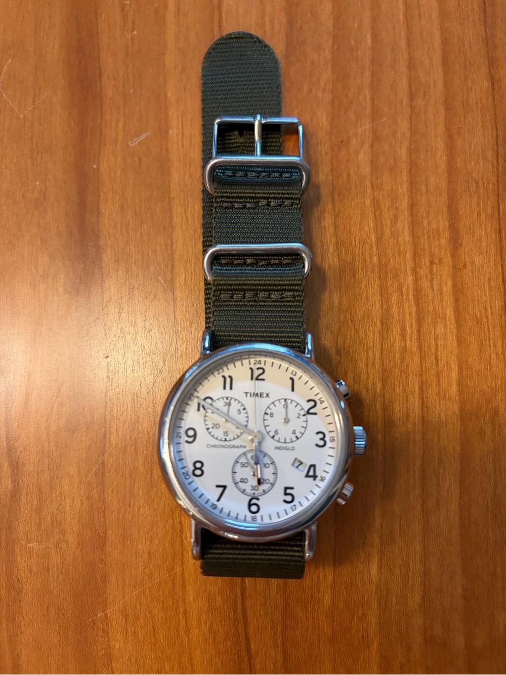Timex Chronograph, indiglo, olive green cloth nato strap, TW2P71400